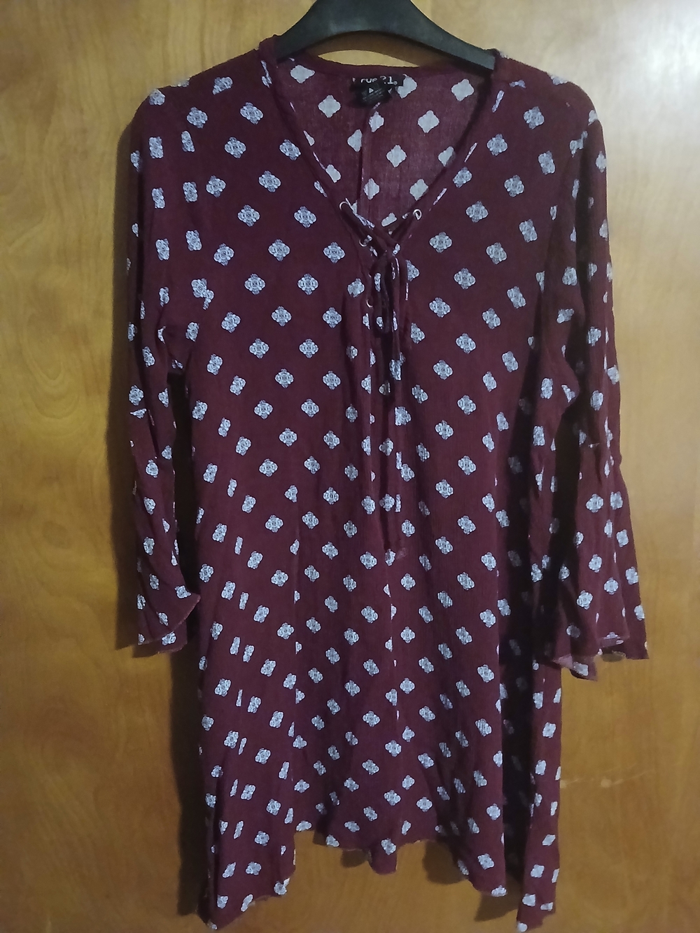 Rue21 Maroon Printed Tie-Front Long Sleeve Dress/long Blouse Size XL